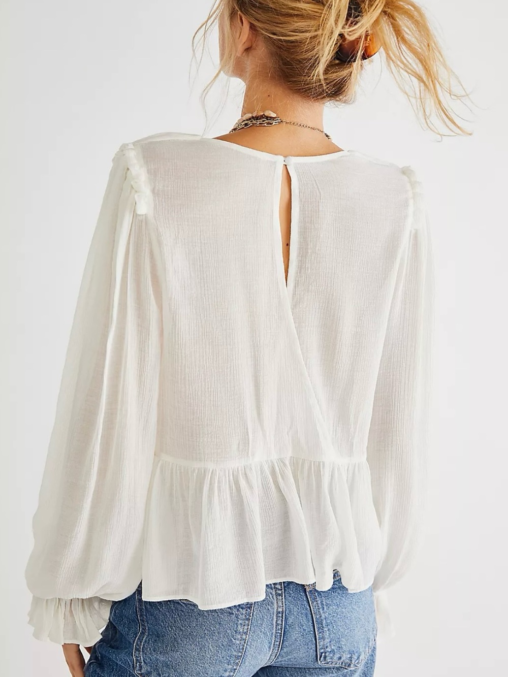 Free People Daia Ruched Deep V Peplum Blouse White Size M Like New - Picture 2 of 11